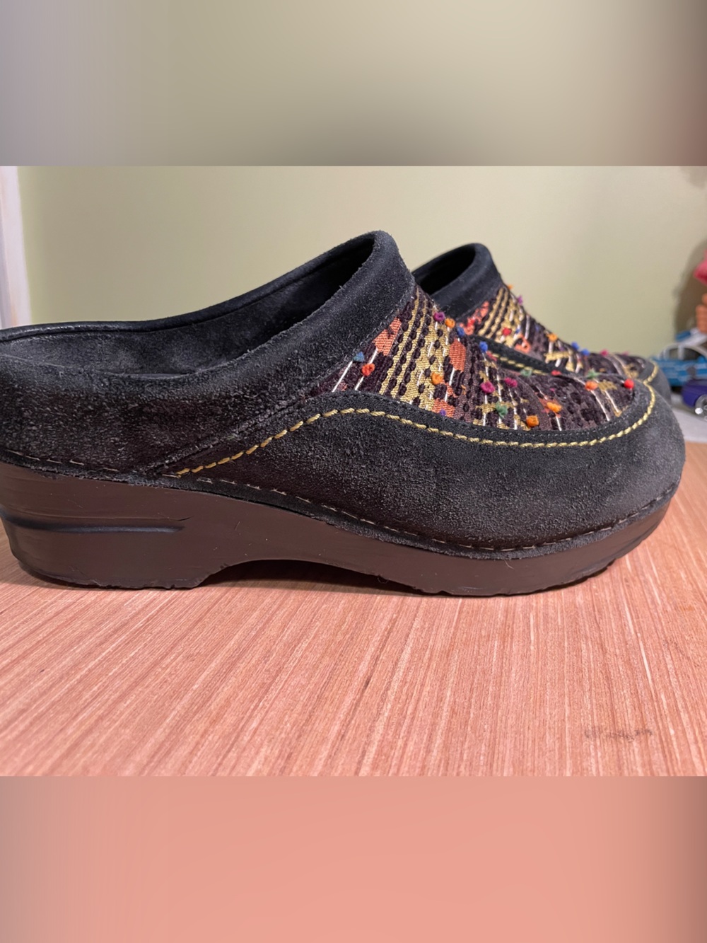 Dansko Sz 36 Black Suede Slip-On Mule with Multicolor Woven Upper
